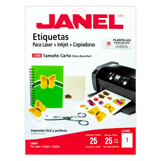 [JAN-ETI-5165-25] Etiqueta Laser Mod J-5165 Blanca Janel Tamaño Carta Con 25 Etiquetas
