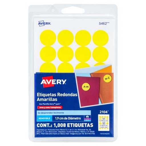 [AVE-ETI-2104] Etiqueta Redonda Removible Amarillo Avery Con Tecnología Laser/Inkjet 1.9 Cm Diametro