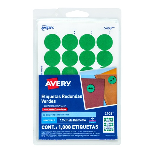 [AVE-ETI-2105] Etiqueta Redonda Removible Verde Avery Tecnología Laser/Inkjet  1.9 Cm Diametro