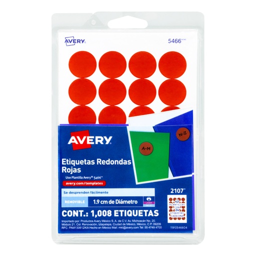 [AVE-ETI-2107] Etiqueta Redonda Removible Rojo Avery Tecnología Laser/Inkjet  1.9 Cm Diametro