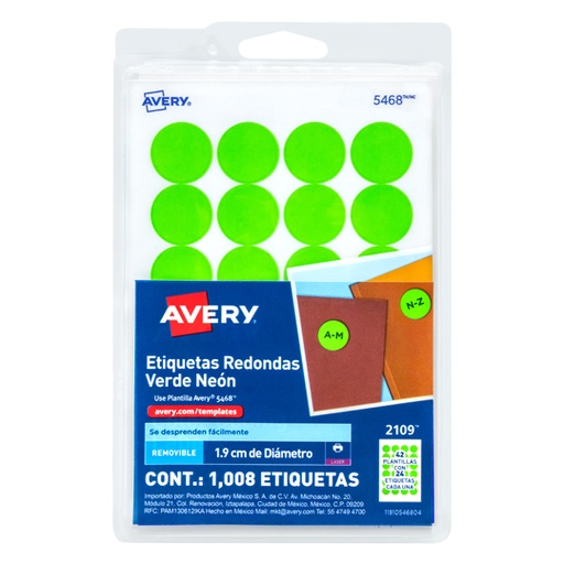 [AVE-ETI-2109] Etiqueta Redonda Removible Verde Neon Avery Tecnología Laser/Inkjet  1.9 Cm Diametro
