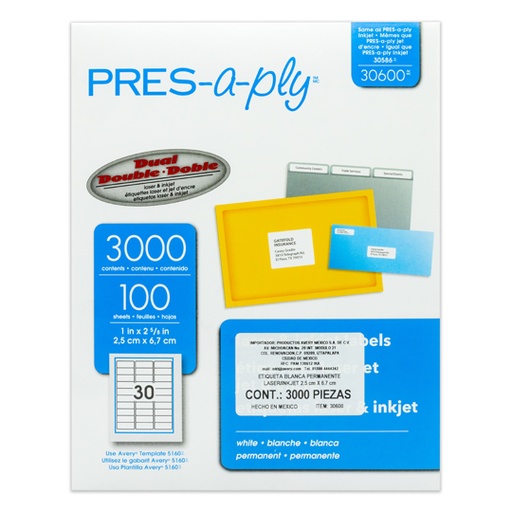 [AVE-ETI-30600] Etiqueta Tecnología Laser/Inkjet Avery Color Blanco