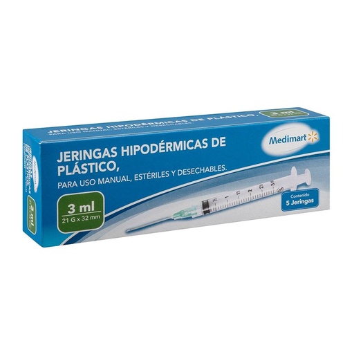 [BOT-JERINGA-3ML5P] Jeringas hipodérmicas Medimart de plástico 21 G x 32 mm 5 pzas de 3 ml