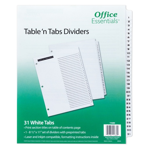 [AVE-SEP-11680] Separador Blanco Carta 31 Divisiones Avery, Tecnología Laser/Inkjet 