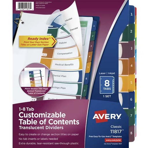 [AVE-SEP-11817] Separador Plástico Carta 8 Divisiones Avery, Translúcido Con Numeración, Tecnología Laser/Inkjet