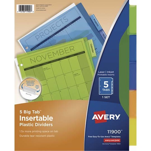 [AVE-SEP-11900] Separador Plástico Carta 5 Divisiones Avery, Tecnología Laser/Inkjet