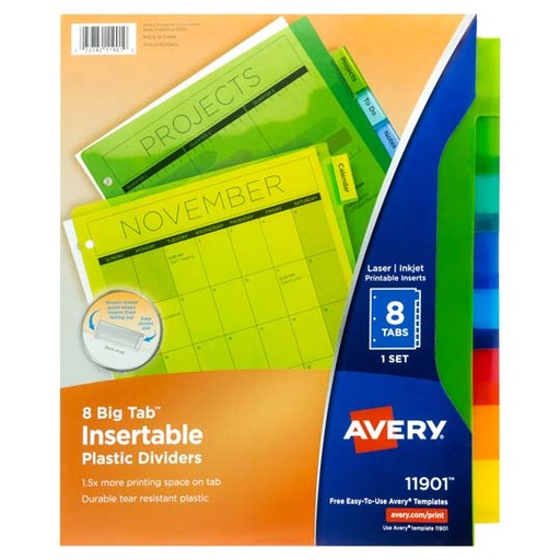 [AVE-SEP-11901] Separador Plástico Carta 8 Divisiones Avery, Tecnología Laser/Inkjet 