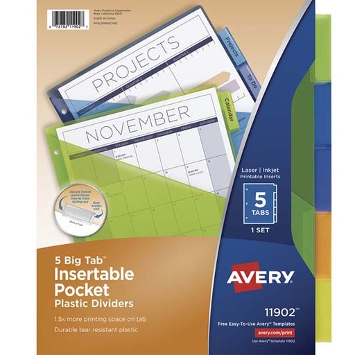 [AVE-SEP-11902] Separador Plástico Carta 5 Divisiones Avery, Tecnología Laser/Inkjet 
