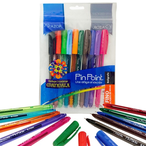 [AZO-BOL-6810S] Bolígrafo Fino Pin Point 0.7 Mm Colores Surtidos Empaque Con 10 Pzas 
