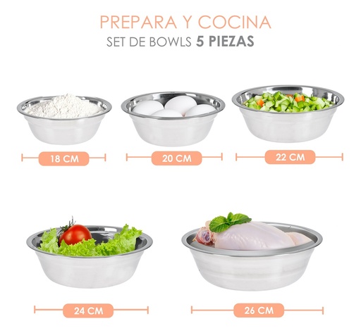 [COM-SETBOWL-5] Set Juego Bowls Bowl Tazon Para Comida Acero Inoxidable (18,20,22,24 y 26cm) Acero Inox 
