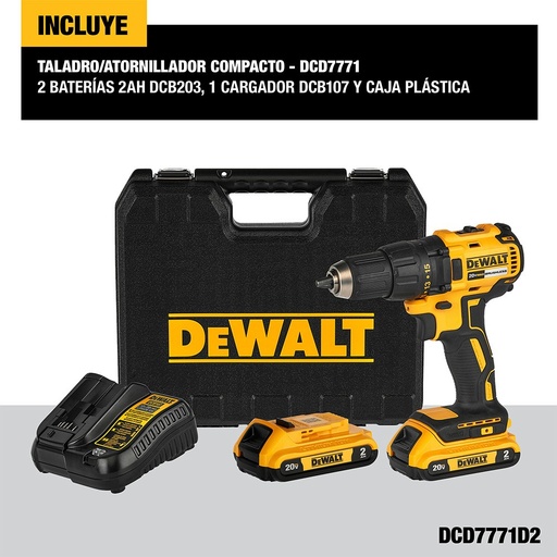 [DEWALT-TALADRO-DCD7771D2] Taladro Atornillador Inalámbrico De 13Mm Dewalt Dcd7771D2 20 V 2 Baterías De 2Ah Accesorio Con Estuche De Plástico