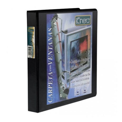 [AZO-CAR-9101NE] Carpeta panorámica con cristal Kinera, tamaño carta de 1" herraje "O" color negro