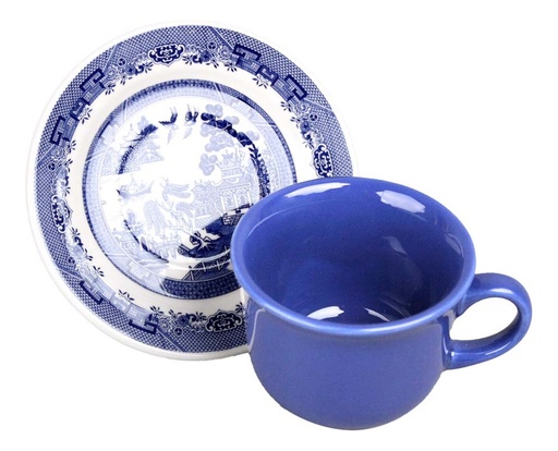 [CAF-TAZPLA-200ML] 4 Tazas Y Platos De Cerámica 200 Ml Decorada Blue Willow Color Azul