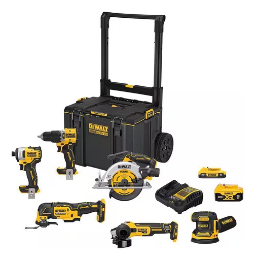 [DEWALT-KIT-DCKTS681D1P1] Kit de herramientas eléctricas DeWalt DCKTS681D1P1 de 6 piezas con sierra circular, taladro, amoladora, destornillador de impacto, herramienta giratoria, lijadora y estuche