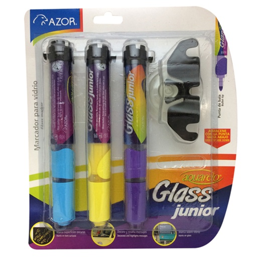 [AZO-MAR-22326NV] Marcador Para Vidrio Aquarelo Glass Jr. Colores Surtidos Empaque Con 3 Pzas 