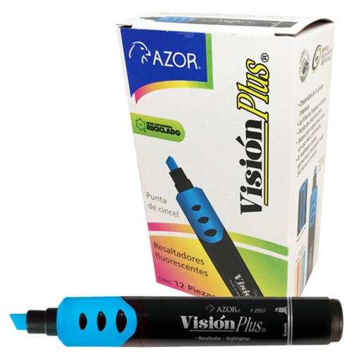 [AZO-MAR-2600AZ] Resaltador De Texto Vision Plus Punta Cincel 6Mm Color Azul Caja Con 12 Pzas 