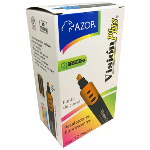 [AZO-MAR-2600NA] Resaltador De Texto Vision Plus Punta Cincel 6Mm Color Naranja Caja Con 12 Pzas