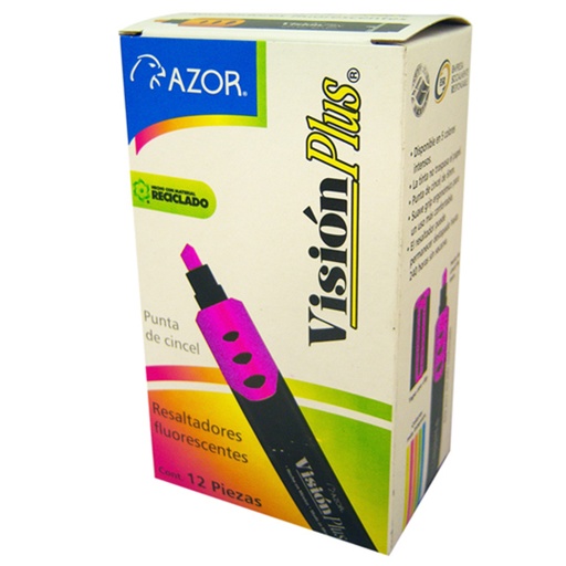 [AZO-MAR-2600RS] Resaltador De Texto Vision Plus Punta Cincel 6Mm Color Rosa Caja Con 12 Pzas 
