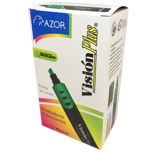 [AZO-MAR-2600VE] Resaltador De Texto Vision Plus Punta Cincel 6Mm Color Verde Caja Con 12 Pzas 