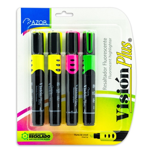 [AZO-MAR-2604AM] Resaltador De Texto Vision Plus Cincel 6Mm Colores Surtidos Blíster 4 Pzas 
