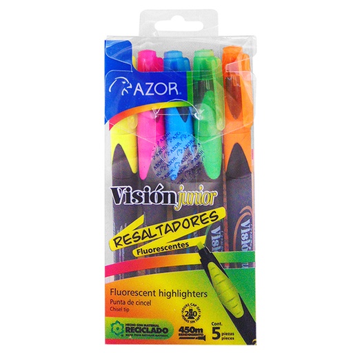 [AZO-MAR-2825] Resaltador De Texto Vision Jr. Cincel 4Mm Colores Surtidos Empaque Con 5 Pzas 