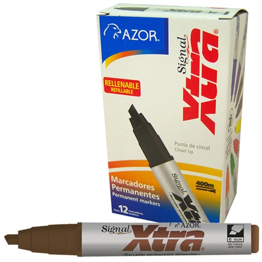 [AZO-MAR-40007] Marcador Permanente Signal Xtra Punta Cincel 6 Mm Color Café Caja Con 12 Pzas 