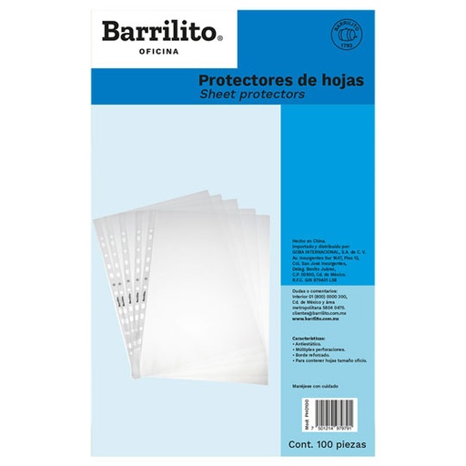 [BAR-PRH-PHOF100] Protector De Hojas Oficio Barrilito Tamaño Oficio, 100 Piezas