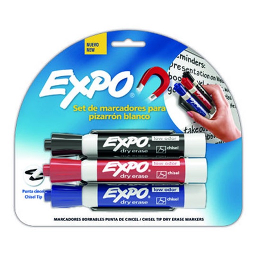 [BER-MAR-3178BOR] Marcador Para Pizarron Expo Blíster Con 3 Colores Básicos Y Borrador Imantado 