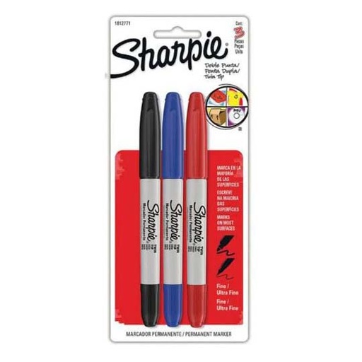 [BER-MAR-81SURT3] Marcador Doble Punta Sharpie Blister 3 Colores Básicos