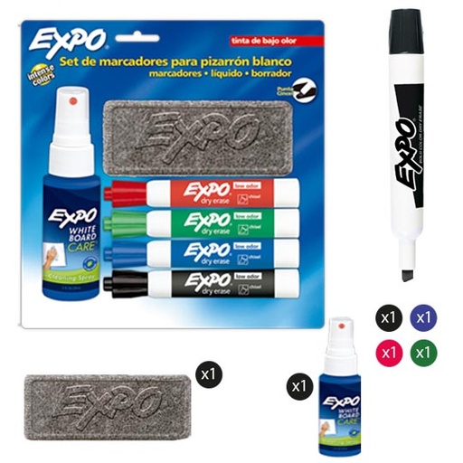 [BER-MAR-KITEXPO] Kit Marcadores Expo, Borrador Y Líquido Limpiador, Estuche Con 6 Piezas 