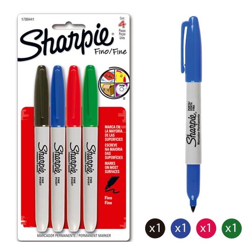 [BER-MAR-SHARP4] Marcador Fino Permanente Sharpie Surtido 4 Colores Básicos
