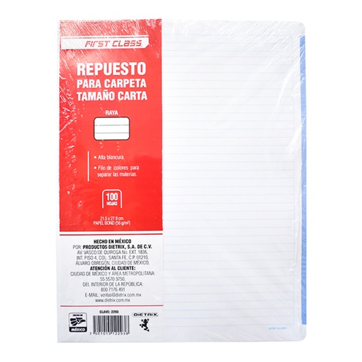 [DIE-CUA-2293] Repuesto Para Carpeta Dietrix Carta Raya 100 Hojas Con Filo De Colores