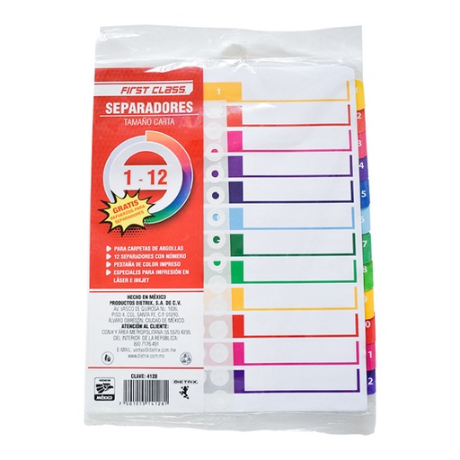[DIE-SEP-4128] Separadores Dietrix Tamaño Carta Del 1 Al 12 Pestañas De Color Impreso El Numero