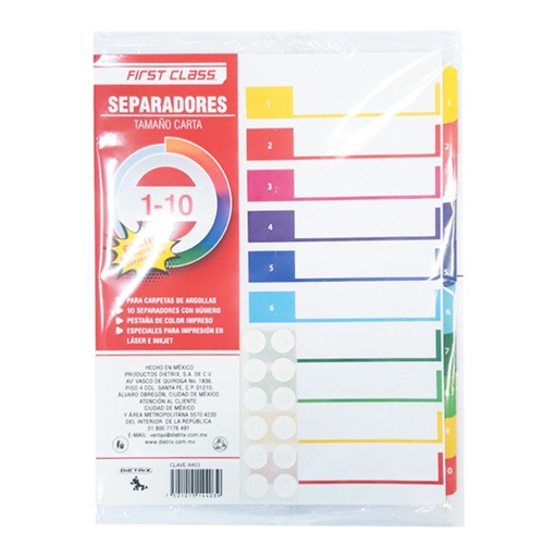 [DIE-SEP-4403] Separadores Dietrix Tamaño Carta Del 1 Al 10 Pestañas De Color Impreso El Numero