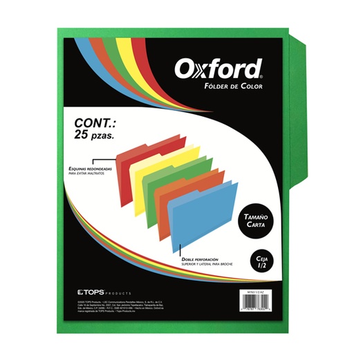 [ESS-FOL-M763VD] Folder De Color Oxford Carta Color Verde Ceja 1/2 Caja Con 25 Pzas 