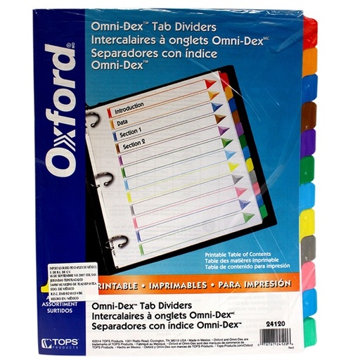 [ESS-SEP-24120] Separador Con Índice Oxford Carta Cejas De Colores Con 12 Divisiones 