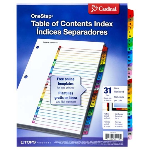 [ESS-SEP-E60118] Separador Numérico Con Índice Cardinal Carta 31 Divisiones Impresas 