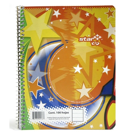 [EST-CUA-178] Cuaderno Espiral Forma Francesa Estrella Raya 100 Hojas