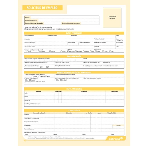 [EST-POL-026] Solicitud De Empleo Estrella Block  40 Hojas