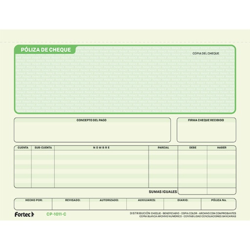 [FTC-POL-CP1011C] Póliza De Cheque Con Carbón Fortec 1/2 O