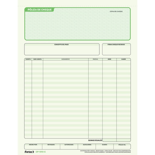 [FTC-POL-CP1013C] Póliza De Cheque Con Carbón Fortec Carta