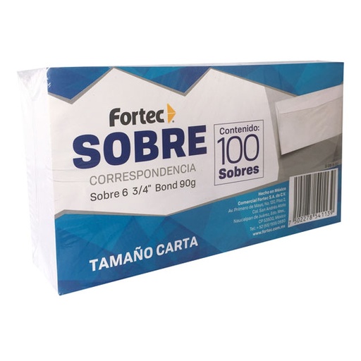 [FTC-SOB-FS06B60] Sobre Correspondencia Blanco Fortec Carta 6 3/4" Caja Con 100 Piezas 
