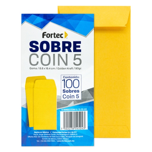 [FTC-SOB-S05KG] Sobre Coin No. 5 Kraft Engomado Fortec Caja Con 100 Piezas 