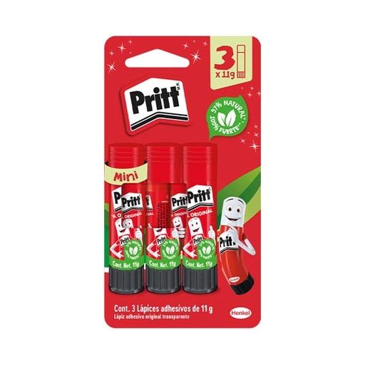 [HEN-PEG-2780668] Lápiz Adhesivo Pritt En Barra De 11 Grs, Blíster Con 3 Piezas