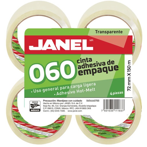 [JAN-ADS-06072X1] Cinta De Empaque Línea 060 Hot Melt Transparente Janel 72Mmx150M 4 Piezas