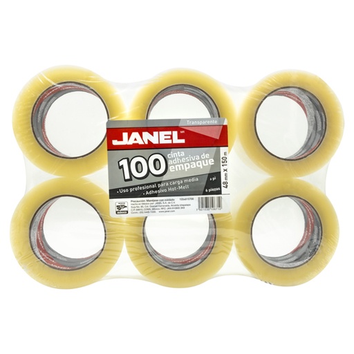 [JAN-ADS-E48X1T] Cinta Empaque Línea 100 Transparente Janel 48Mmx150M Con 6 Piezas