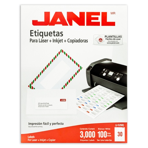[JAN-ETI-5260] Etiqueta Laser Mod J-5260 Blanca Janel 25X67Mm Con 3000 Etiquetas