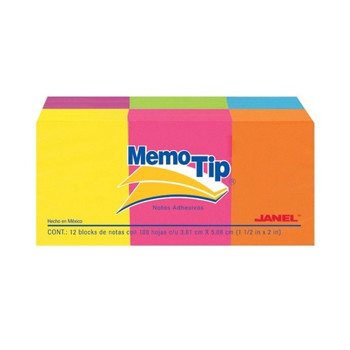[JAN-PST-0102397] Notas Adhesivas Memo Tip Neon 1.5X2 Pulg 12 Blocks Con 100 Hojas Cada Uno 