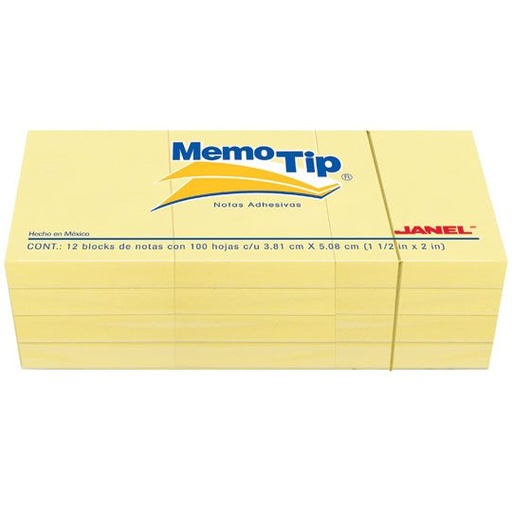 [JAN-PST-02204] Notas Adhesivas Memo Tip Amarillo 1.5X2 Pulg 12 Blocks Con 100 Hojas Cada Uno