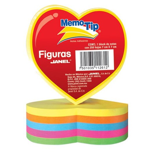 [JAN-PST-0303COR] Notas Adhesivas Memo Tip Forma Corazon Con 250 Hojas De 7Cm X 7Cm 